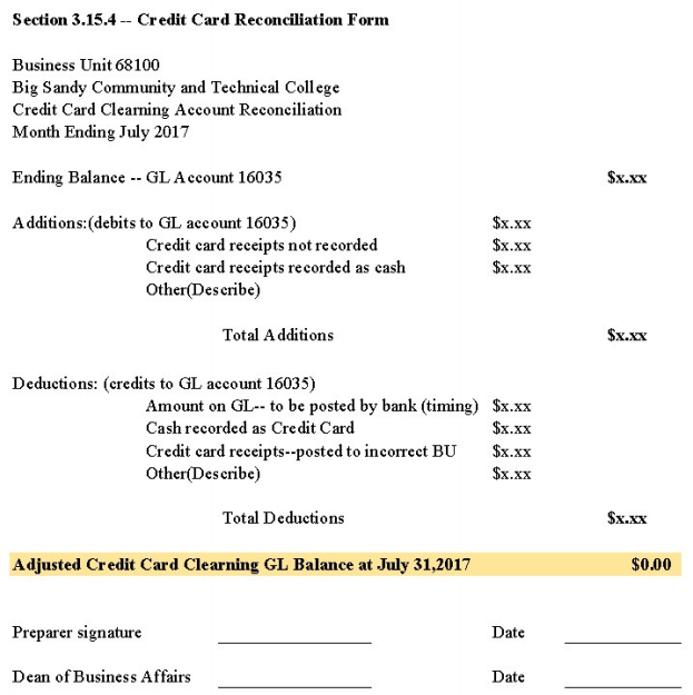 Credit Card Reconciliation Form Example